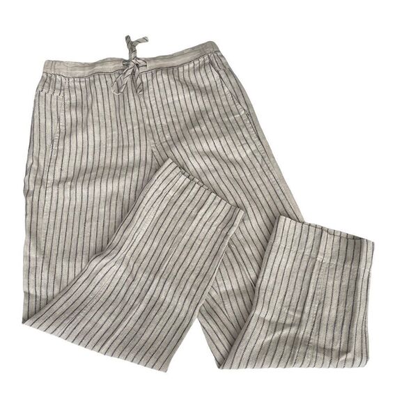 ORVIS gray, off white striped linen trouser‎ pants, elastic waist size medium - Picture 1 of 10